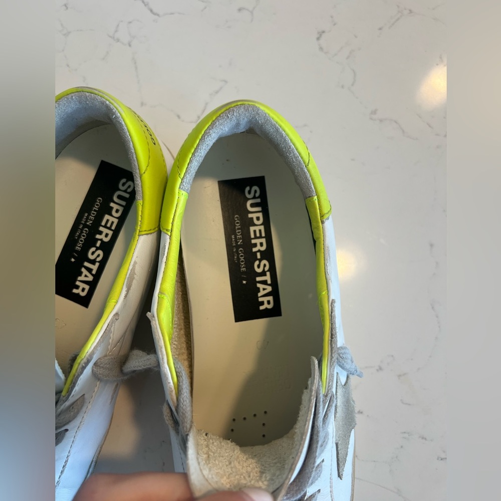 Golden Goose White Sneakers with Gray Star and Neon Yellow Heel - Picture 11 of 13
